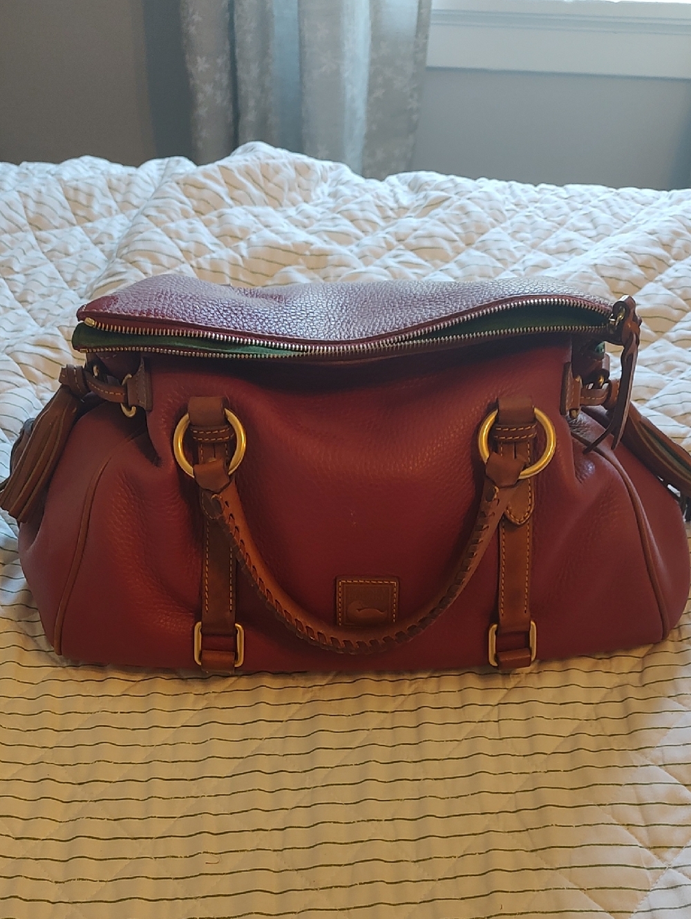 Dooney & Bourke Red Leather Satchel with Brown Trim
